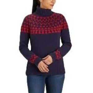 Duluth Trading Blend Knit Fair Isle Turtleneck Sweater Blue Red Boho Chunky‎ SM